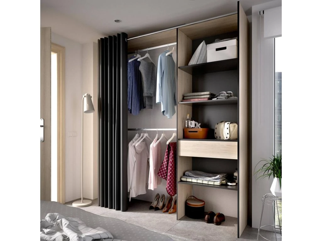 Armoire Wetterhorn, Structure Pour Dressing Avec Rideau, Portemanteau Ouvert, 160x50h205 Cm, ChĂȘne Et Anthracite â Image 4