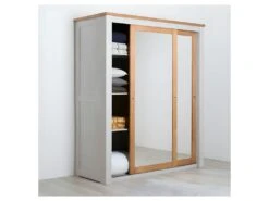 Armoire 2 Portes Coulissantes Miroir/Bois Massif Argent - GABRIEL