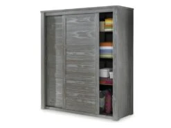 Armoire 2 Portes Coulissantes Bois Massif Gris - GABRIEL