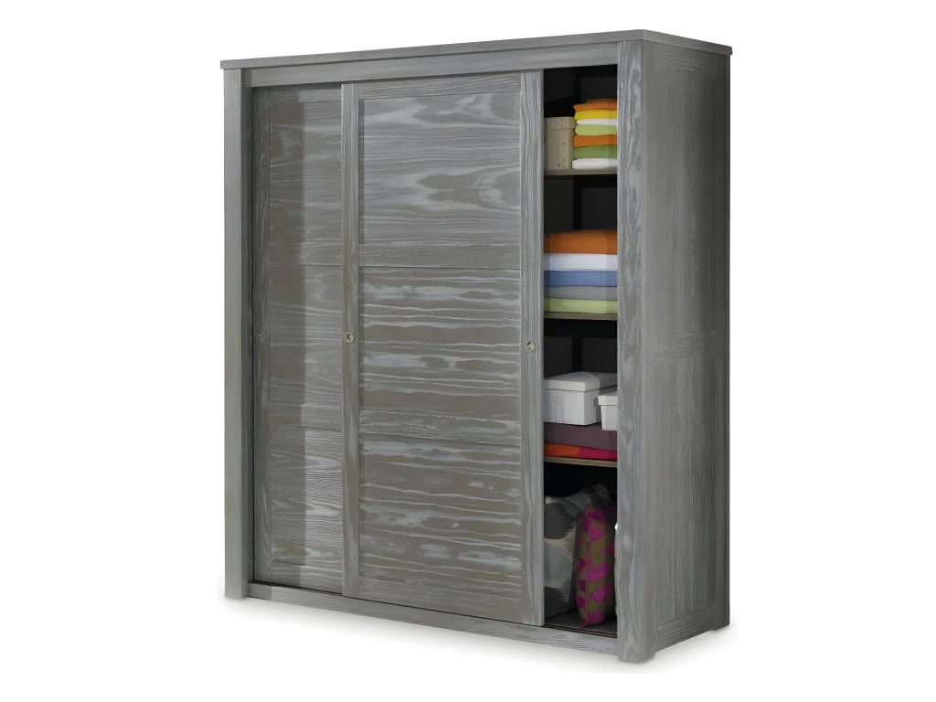 Armoire 2 Portes Coulissantes Bois Massif Gris - GABRIEL