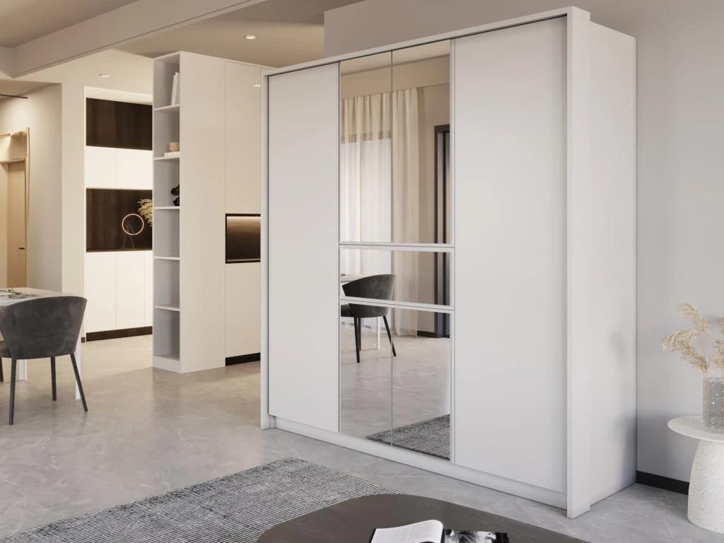 Armoire 6 Portes Et 1 Tiroir - Avec Miroir - L200 Cm - Blanc - ZADIA – Image 2