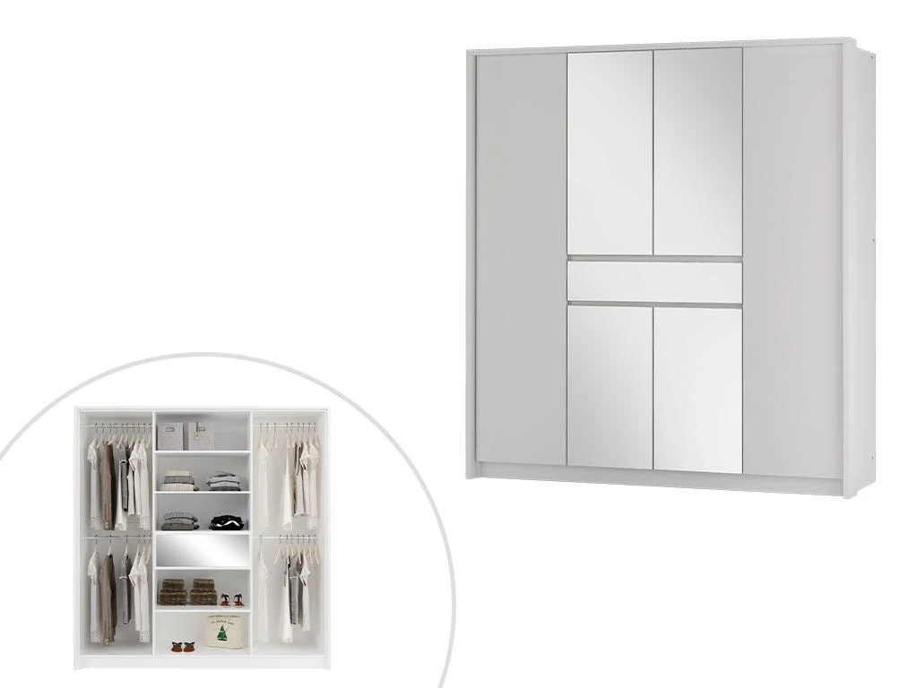 Armoire 6 Portes Et 1 Tiroir - Avec Miroir - L200 Cm - Blanc - ZADIA – Image 5
