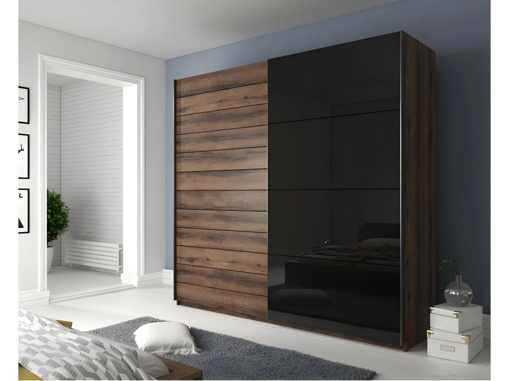 Armoire 2 Portes Coulissantes 220cm Couleur Chêne Foncé Et Noir. Collection FLOYD – Image 2