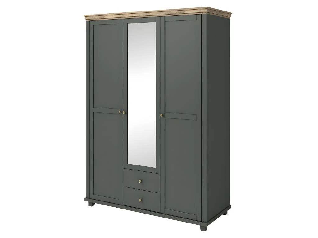 Armoire 150x220 Avec 3 Portes Et 2 Tiroirs. Coloris Vert Kaki Et ChĂȘne. Collection ASSIA