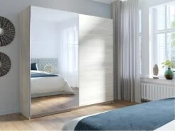 Armoire, Garde Robe ARSALA 200 Cm Deux Portes Coulissantes. Dressing Complet Avec Miroir, Penderie Et étagères. Type Scandinave
