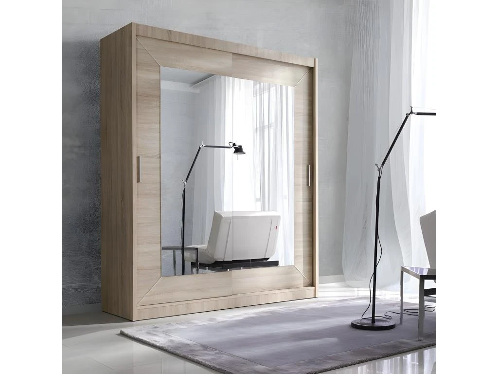 Armoire 200cm Avec Miroirs Et Portes Coulissantes. Collection ROMEO. Effet ChĂȘne â Image 2