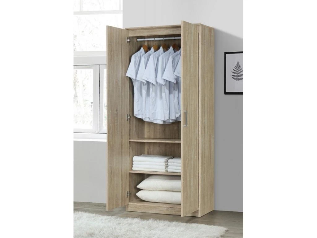 Armoire / Garde Robe SAVIS, 2 Portes, Contemporaine Chêne Sonoma Et Poignées Grises.
