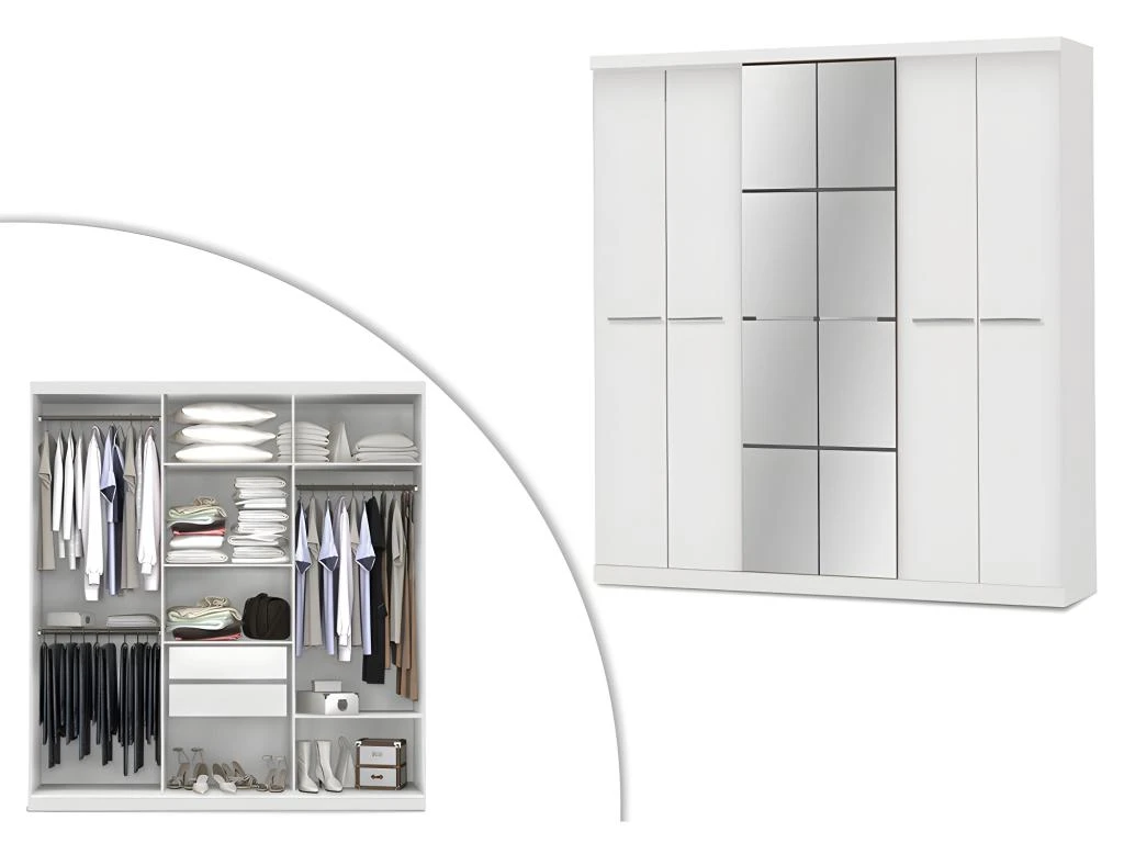 Armoire Avec Miroir WILHEM - 6 Portes - L.203cm - Blanc – Image 3