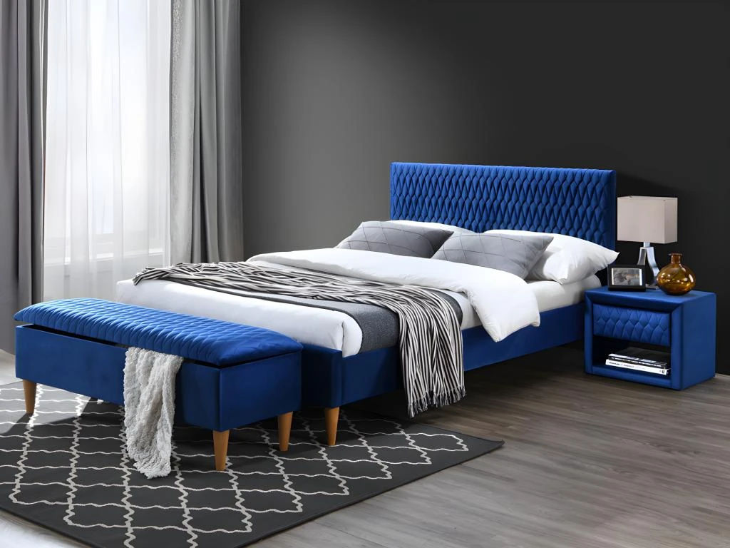 Table De Chevet DANIELE - 1 Tiroir Et 1 Niche - Tissu Velours - Bleu – Image 2