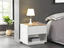 Table De Chevet - 1 Tiroir Et 1 Niche - MDF - Blanc LaquĂ© Et ChĂȘne - AMANI