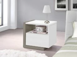 Table De Chevet Scandinave - 1 Tiroir Et 1 Niche - Blanc Et Taupe - NAPOLI