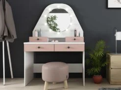 Coiffeuse GABRIELA - Miroir à LEDs Et Rangements - Rose Poudré
