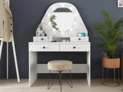 Coiffeuse GABRIELA - Miroir à LEDs Et Rangements - Blanc