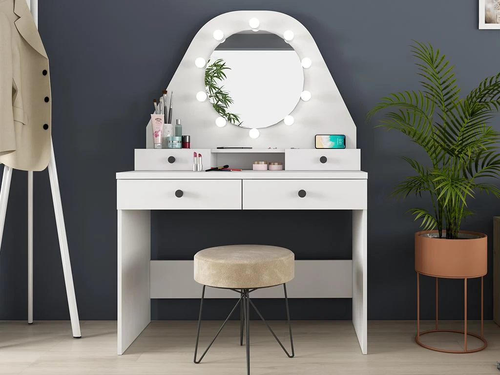 Coiffeuse GABRIELA - Miroir Ă LEDs Et Rangements - Blanc