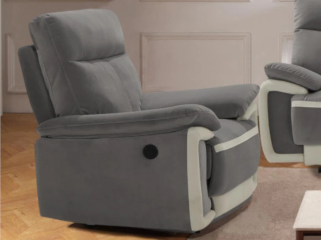 Fauteuil Relax électrique En Velours METTI - Gris Et Bandes écru – Image 2