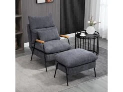 Fauteuil Lounge Style Néo-rétro Avec Repose-pied - Dossier Inclinable - Structure Acier Noir Accoudoirs Bois Hévéa Revêtement Velours Cotelé Gris