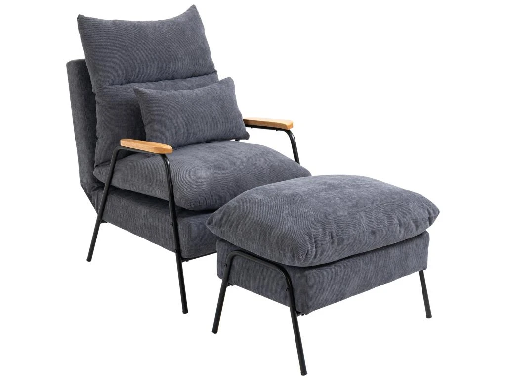 Fauteuil Lounge Style Néo-rétro Avec Repose-pied - Dossier Inclinable - Structure Acier Noir Accoudoirs Bois Hévéa Revêtement Velours Cotelé Gris – Image 2