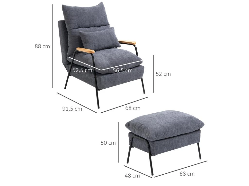 Fauteuil Lounge Style Néo-rétro Avec Repose-pied - Dossier Inclinable - Structure Acier Noir Accoudoirs Bois Hévéa Revêtement Velours Cotelé Gris – Image 3