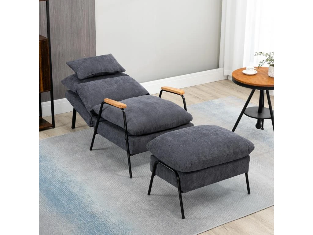 Fauteuil Lounge Style Néo-rétro Avec Repose-pied - Dossier Inclinable - Structure Acier Noir Accoudoirs Bois Hévéa Revêtement Velours Cotelé Gris – Image 4