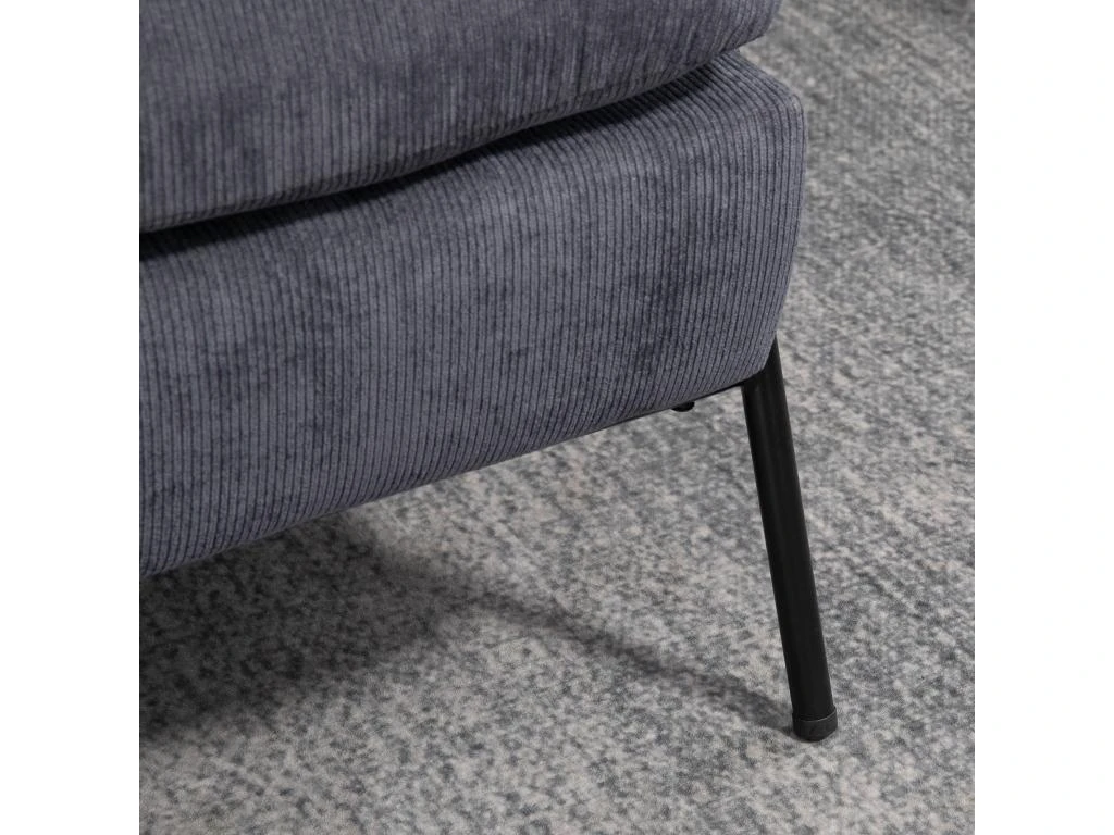 Fauteuil Lounge Style Néo-rétro Avec Repose-pied - Dossier Inclinable - Structure Acier Noir Accoudoirs Bois Hévéa Revêtement Velours Cotelé Gris – Image 5