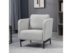 Fauteuil Lounge Style Néo-rétro Piètement Acier Noir Revêtement Velours Cotelé Gris Clair