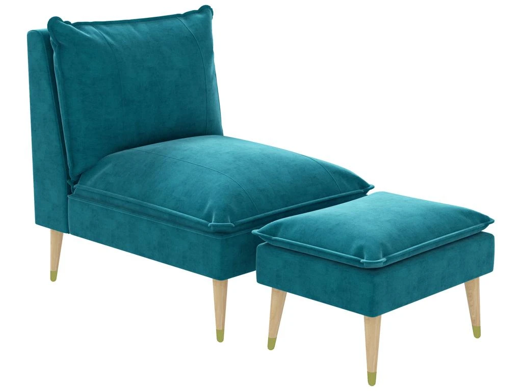 Fauteuil Design Scandinave Grand Confort - Repose-pied Inclus - Piètement Effilé Incliné Bois Hévéa Velours Turquoise – Image 2