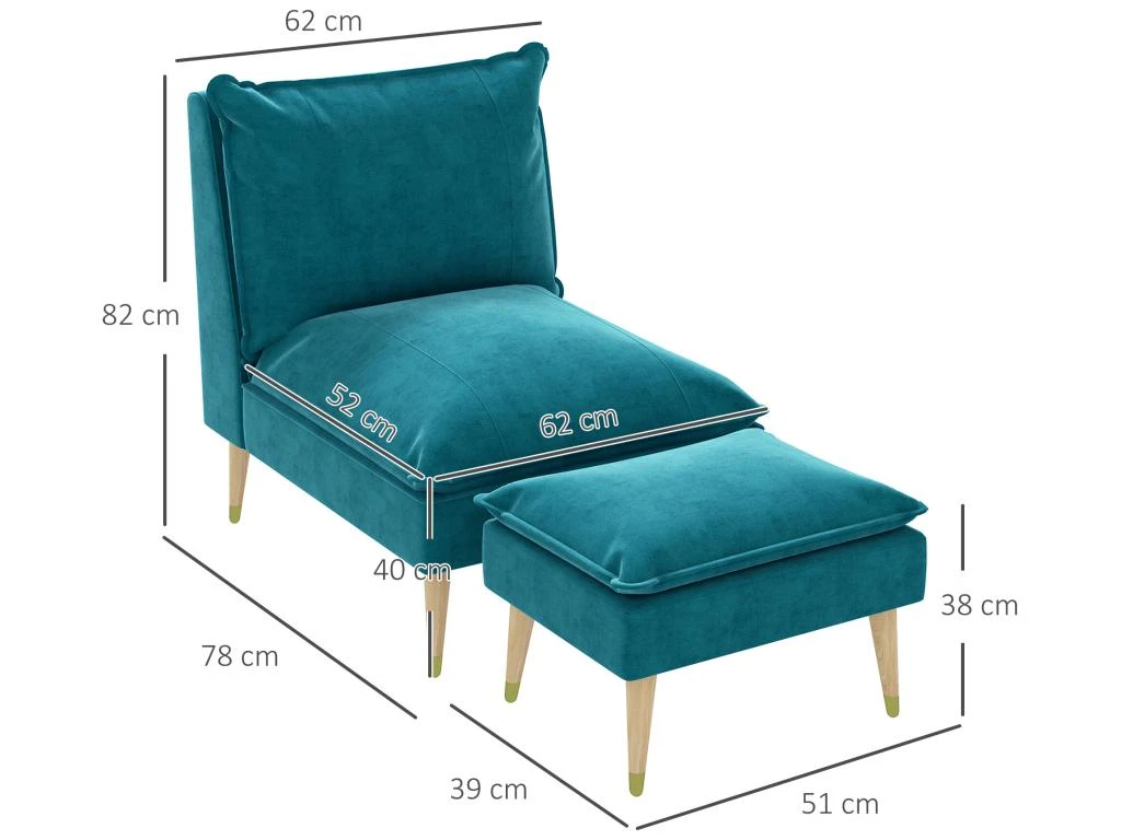 Fauteuil Design Scandinave Grand Confort - Repose-pied Inclus - Piètement Effilé Incliné Bois Hévéa Velours Turquoise – Image 3