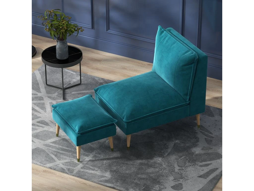 Fauteuil Design Scandinave Grand Confort - Repose-pied Inclus - Piètement Effilé Incliné Bois Hévéa Velours Turquoise – Image 4