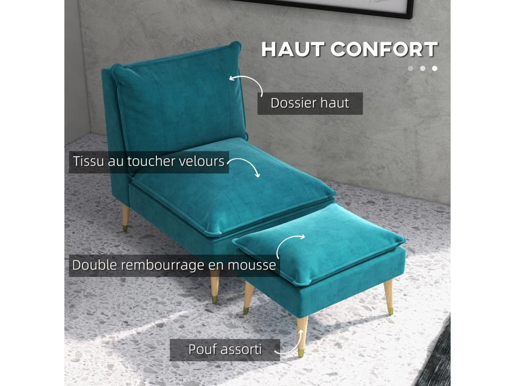 Fauteuil Design Scandinave Grand Confort - Repose-pied Inclus - Piètement Effilé Incliné Bois Hévéa Velours Turquoise – Image 5