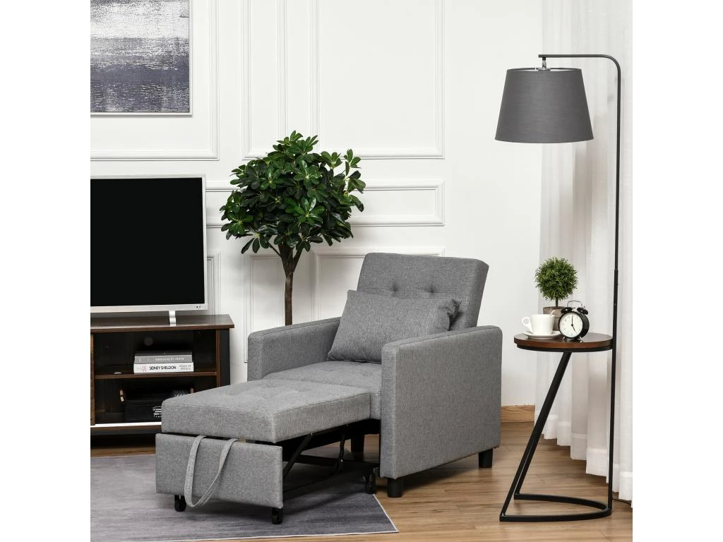 Fauteuil Chauffeuse Canapé-lit Convertible 1 Place Dossier Inclinable 3 Positions Coussin Inclus Polyester Coton Gris