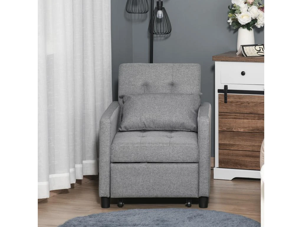 Fauteuil Chauffeuse CanapĂ©-lit Convertible 1 Place Dossier Inclinable 3 Positions Coussin Inclus Polyester Coton Gris â Image 4
