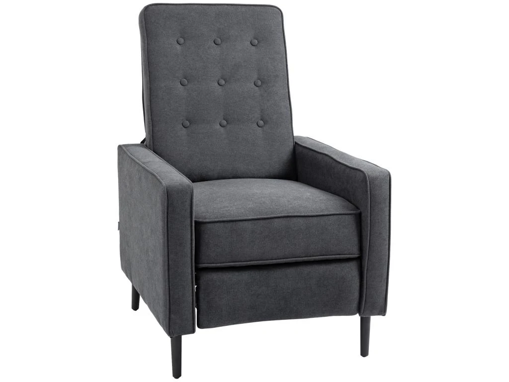Fauteuil Inclinable Style Néo-rétro Dossier Capitonné 9 Boutons épais Garnissage Mousse Haute Densité Repose-pied Réglable Tissu Aspect Lin Gris – Image 2