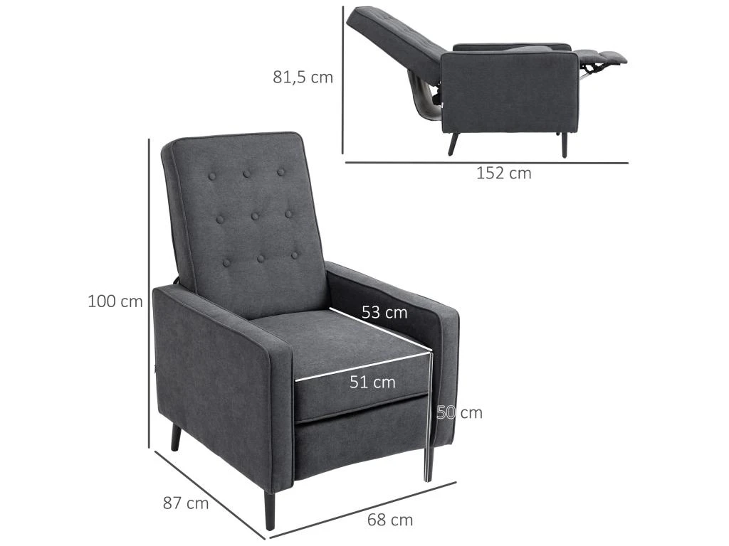 Fauteuil Inclinable Style Néo-rétro Dossier Capitonné 9 Boutons épais Garnissage Mousse Haute Densité Repose-pied Réglable Tissu Aspect Lin Gris – Image 3