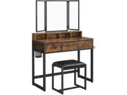 STELLY - Coiffeuse Style Rustique Chambre à Coucher - 90x40x141 Cm - 3 Tiroirs - Avec Tabouret