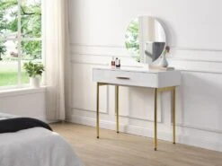 Coiffeuse Avec Miroir Et Tiroir - MDF Et Métal - Blanc Laqué Et Doré - VONALI De Pascal Morabito