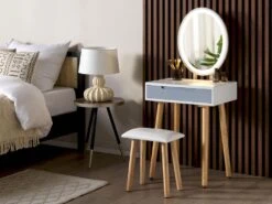Coiffeuse Blanc Et Gris Avec 1 Tiroir Un Miroir à LED Et Un Tabouret VESOUL
