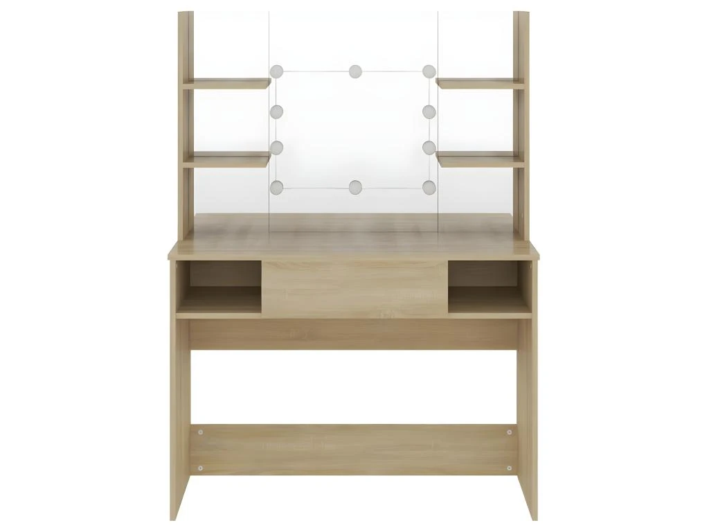 Coiffeuse Table De Maquillage Design Meuble Mobilier De Chambre Avec éclairage Led 100 X 40 X 135 Cm MDF Chêne 02_0006307 – Image 2