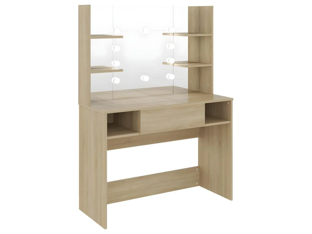 Coiffeuse Table De Maquillage Design Meuble Mobilier De Chambre Avec éclairage Led 100 X 40 X 135 Cm MDF Chêne 02_0006307 – Image 4