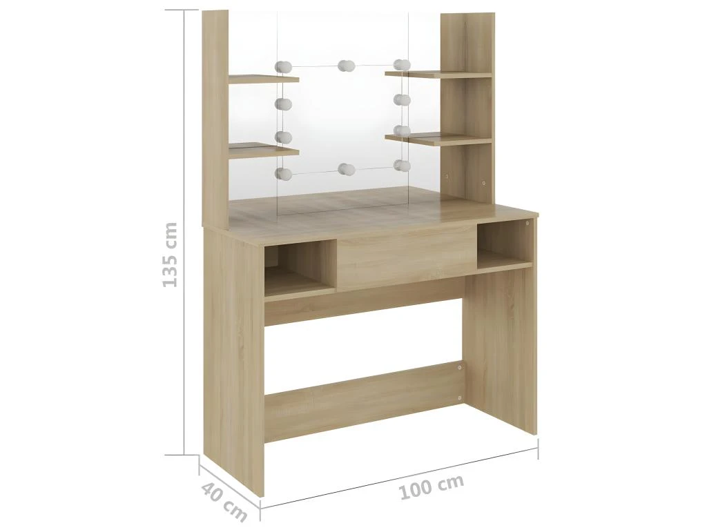 Coiffeuse Table De Maquillage Design Meuble Mobilier De Chambre Avec éclairage Led 100 X 40 X 135 Cm MDF Chêne 02_0006307 – Image 5
