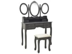 Coiffeuse Table De Maquillage Design Meuble Mobilier De Chambre Avec Tabouret Et Miroir 90 X 40 X 146 Cm Pliable En 3 Gris 02_0006270