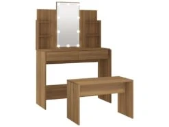 Coiffeuse Table De Maquillage Design Meuble Mobilier De Chambre Avec Led Chêne 96 X 40 X 142 Cm Marron 02_0006340