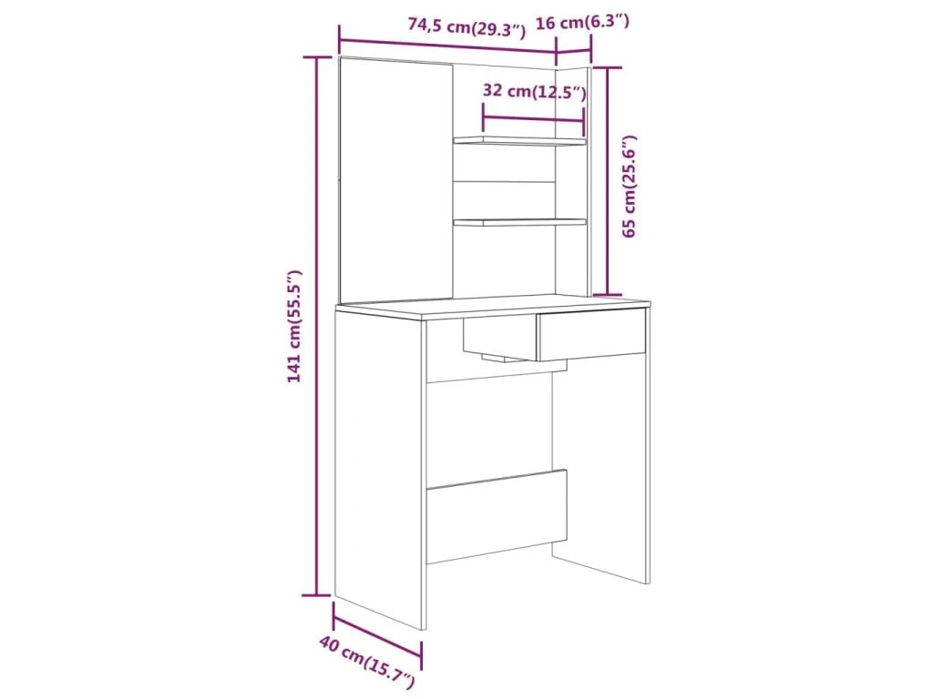 Coiffeuse Table De Maquillage Design Meuble Mobilier De Chambre Avec Miroir 74,5 X 40 X 141 Cm Chêne Fumé 02_0006354 – Image 4