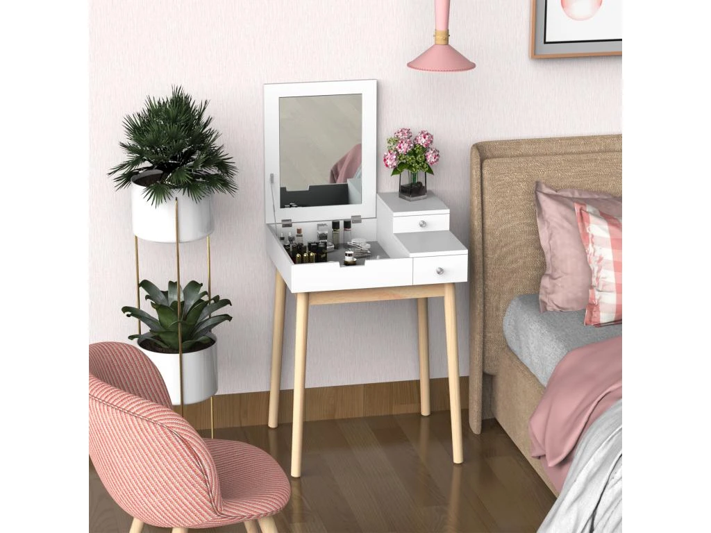 Coiffeuse Design Scandinave Table De Maquillage Multi-rangements Miroir Pliable 60L X 50l X 86H Cm Pin Et MDF Blanc