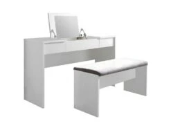 WATCHME - Coiffeuse Blanche 2 Tiroirs Avec Miroir + Banc