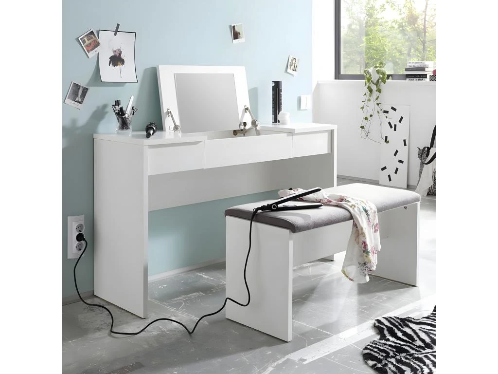 WATCHME - Coiffeuse Blanche 2 Tiroirs Avec Miroir + Banc â Image 2