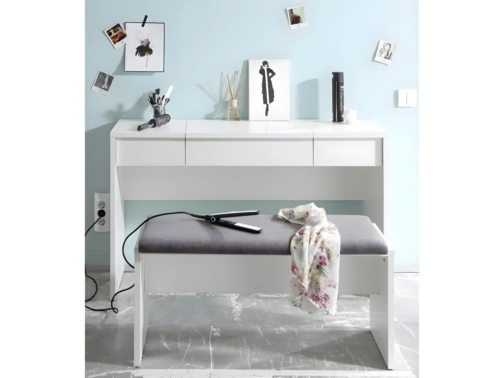 WATCHME - Coiffeuse Blanche 2 Tiroirs Avec Miroir + Banc â Image 5
