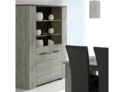 Vaisselier 2 Portes Vitrées Bois Gris/Béton - RIUCKO - L 130 X L 52 X H 190 Cm