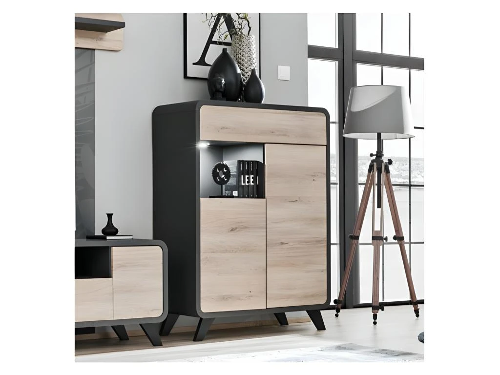 Vaisselier Modèle Bas Avec LED Intégrées Collection OASIS. Coloris Gris Anthracite Et Bois. – Image 3