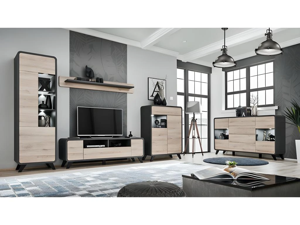 Vaisselier Modèle Bas Avec LED Intégrées Collection OASIS. Coloris Gris Anthracite Et Bois. – Image 4