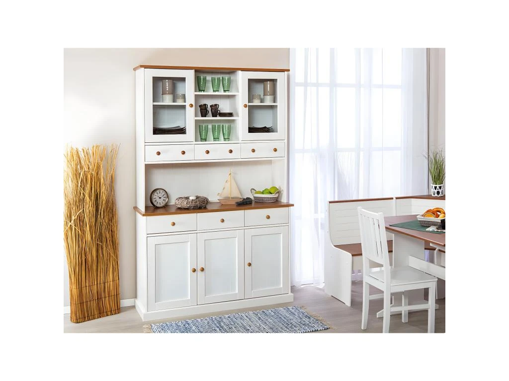 SOCOA - Buffet Vaisselier 5 Portes 6 Tiroirs Bois Massif Vernis Sepia Et Blanc â Image 2